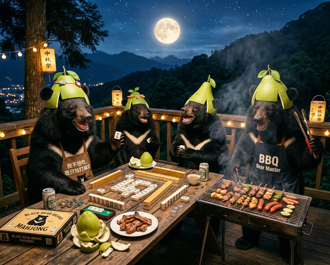 台灣黑熊中秋節聚會蛋黃酥吃到飽,麻將戰局自摸九條,自摸清一色震撼全山林,台灣熊愛打麻將,台灣黑熊打麻將,碰牌胡牌大三元,台灣黑熊圍觀湊一桌,聽牌摸牌洗牌打麻將,台灣黑熊中秋烤肉宴熊掌碰碰胡,台灣黑熊喝珍奶配麻糬中秋麻將大賽,戴老花眼鏡認真打麻將,柚子皮戴頭上打麻將